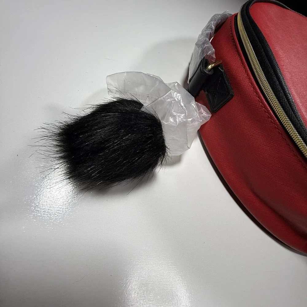 Elizabeth Arden Red Round Makeup Case World Color Faux Leather Pom Pom Bag